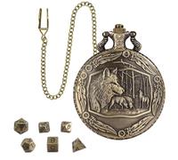 ACOLY Mini-coffret de dés DND avec montre tête de loup en relief, 7 dés polyédriques en alliage de zinc, chaîne en bronze antique, coffret cadeau pour jeux de rôle sur table