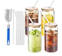 ACOMTUO 4 Pièces Verre avec Paille, 500 ml de Verre avec Couvercle et Paille, Verres a Matcha avec Couvercle et Pailles pour Café Glacé, Cocktails et Verres à Smoothie