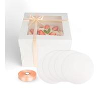 ACOMTUO 5 Pièces Boite a Gateau, avec Fenêtre et 5 Planches Rondes, 25x25cm Boite Gateau en Carton, Boite Layer Cake avec Ruban, Blanc Boite Transport Gateau Carrée avec Couvercles