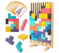 ACOMTUO Puzzle en Bois Tetris, Jeux Montessori 3 4 5 6 Ans, Colorée Puzzle 3D en Bois Enfants, Empilé Tetris avec Carte, Blocs Géométriques, Jeux Éducatifs Cadeaux