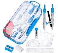 Acooruiteng Ensemble de mathématiques 10 pièces comprenant boussole, géométrie et rapporteur avec boîte de rangement avec boussole, règle, rapporteur, gomme, taille-crayon et recharges Bleu