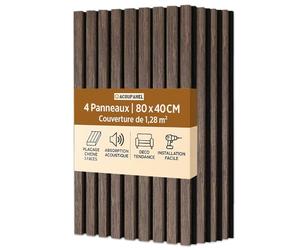 ACOUPANEL | Panneau Acoustique en Tasseaux Bois | Lot de 4 Panneaux Muraux 1,28 m² | Isolation Phonique | Placage Chêne 3 Faces | Installation Facile Mur ou Plafond (Chêne Fumé)