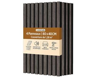 ACOUPANEL | Panneau Acoustique en Tasseaux Bois | Lot de 4 Panneaux Muraux 1,28 m² | Isolation Phonique | Placage Chêne 3 Faces | Installation Facile Mur ou Plafond (Chêne Noir)