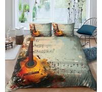 Acoustic Guitar Linge de Lit 3 Pièces Microfibre résistante 3D Imprimée Respirante Music Art Design Housse de Couette avec Fermeture Éclair Douce for Chambre de garçons Single（140x200cm）