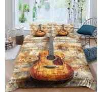 Acoustic Guitar Linge de Lit 3 Pièces Microfibre résistante 3D Imprimée Respirante Vintage Music Art Ensemble De Literie avec 2 x Taies d'oreiller Super Douce for Chambre Enfants Double（200x200cm）