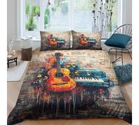 Acoustic Guitar Linge de Lit Microfibre Hypoallergique 3 pièces 3D Imprimée Résistante Musical Art Style Housse de Couette avec 2 Taies d'oreiller Léger for Décoration de Chambre Single（135x200cm）
