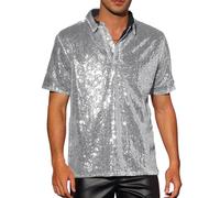 Acrawnni Chemise à paillettes scintillantes pour homme - Style vintage - Bouton 1/4 - Manches courtes - Style disco des années 70 - Pour fête, club, rave, A-argenté., 3XL