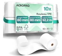 ACROPAQ - 10 x Rouleau carte bancaire - 80 mm x 80 mm x 92,2 m, Rouleaux de papier thermique de qualité supérieure, Sans BPA, Pour les imprimantes de reçus - Papier tpe, Rouleaux CB thermique