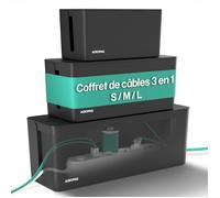 ACROPAQ 3 Boite cache cable- 3 Boite rangement cable 3 en 1- 3 tailles (S, M, L)- cache multiprise- ABS- Noir