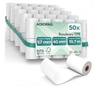 ACROPAQ - 50 x Rouleau carte bancaire - 57 mm x 40 mm x 19,7 m, Rouleaux de papier thermique de qualité supérieure, Sans BPA, Pour les terminaux de paiement mobiles - Papier tpe, Rouleaux CB thermique