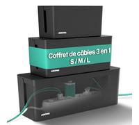 ACROPAQ 3 Boite cache cable- 3 Boite rangement cable 3 en 1- 3 tailles (S, M, L)- cache multiprise- ABS- Noir