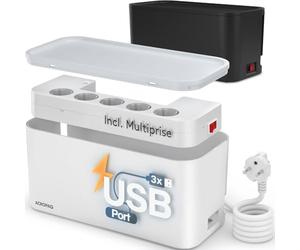 ACROPAQ Boite Cache Cable 8-en-1 - Range Cable avec Multiprise - 5 Prises, 3 USB A, Câble 2M - Boîtier de Rangement Prise Electrique - La Boite Blanche - 30 x 14 x 14 cm