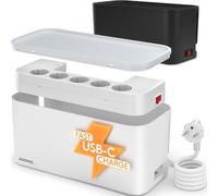ACROPAQ Boite Cache Cable avec Multiprise - Boite a Cable (30x14x14 cm) avec 5 Prises, USB-C PD & USB-A QC 3.0 Chargeur Rapide, Protection Surtension, 2m Câble, Blanc - Boîte Rangement Câbles