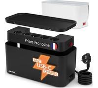 ACROPAQ Boîte de Rangement câble - Boîte Cache câble, avec multiprise intégrée, avec Broche de Terre, Convient pour la France, Ports USB-A et USB-C, Quick Charge 3.0 - Cache multiprise
