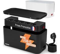 ACROPAQ Boîte de Rangement câble - Boîte Cache câble, Cable 2M, avec multiprise intégrée, avec Broche de Terre, Convient pour la France, Ports USB-A et USB-C, Quick Charge 3.0 - Cache multiprise