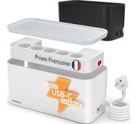 ACROPAQ Boîte de Rangement câble - Boîte Cache câble, Cable 2M, avec multiprise intégrée, avec Broche de Terre, Convient pour la France, Ports USB-A et USB-C, Quick Charge 3.0 - Cache multiprise