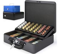 ACROPAQ Caisse à monnaie - (30 x 24 x 9 cm), Boite argent avec monnayeur, Construction en acier plus épais, Avec 2 clés incluses, Gris/Argenté - Caisse monnaie et billets