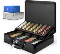 ACROPAQ Caisse à monnaie - (30 x 24 x 9 cm), Boite argent avec monnayeur, Construction en acier plus épais, Avec 2 clés incluses, Noir - Caisse monnaie et billets