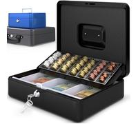 ACROPAQ Caisse à monnaie Acier - 3 Compartiments à monnaie - Coffret monnaie à 2 clés, Monnayeur et Poignée de transport robuste