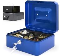 Acropaq Caisse à monnaie petite (20,5x16x9 cm) – acier, monnayeur, 8 compartiments, 2 clés – Bleu