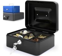 ACROPAQ Caisse à monnaie petite - (20,5 x 16 x 9 cm), Boite argent avec monnayeur, Construction en acier, Avec 2 clés incluses, Noir - Caisse monnaie et billets