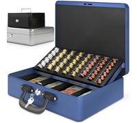 ACROPAQ Caisse à Monnaie Professionnelle XL 36x27x11cm Bleu- Coffret Monnaie Acier- Monnayeur 2 clés Compartiments monnaie