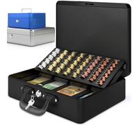 ACROPAQ Caisse à Monnaie Professionnelle XL 36x27x11cm Noir- Coffret Monnaie Acier- Monnayeur 2 clés Compartiments monnaie
