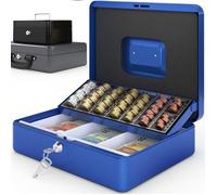ACROPAQ Caisse à monnaie - Grande espace pour les Billets et pièces, Avec monnayeur et 2 clés, Poignée de transport robuste, 100% en sécurité - Bleu