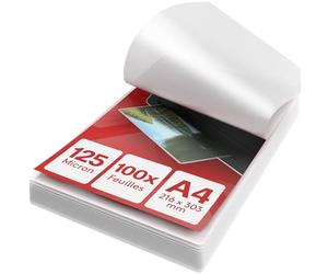 ACROPAQ Feuille plastifieuse A4 - Pack de 100 pochettes de plastification, 2x125 (250) micron, Finition brillante, Coins pré-arrondis - Papier plastifieuse A4, Pochette a plastifier, Film à plastifier
