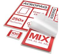ACROPAQ Feuilles plastifieuse MIX - Différentes tailles, 100 microns, 250 pochettes (50 x A5, A6, A8), (100 x A4), Qualité premium, Finition brillante, Coins arrondis - Pochette a plastifier