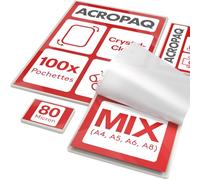 ACROPAQ Feuilles plastifieuse MIX - Différentes tailles, 80 mic, 100 pochettes (20 x A4, A5, A6, 40 x A8), Finition brillante, Coins pré-arrondis - Papier plastifieuse A4, Pochette a plastifier