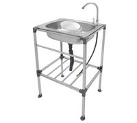 ACROSSPART Évier de cuisine autoportant en acier inoxydable multifonction avec robinet d'eau froide et tuyau d'évacuation, lavabo mobile simple pour cuisine, jardin, camping (53 x 38 x 83 cm)