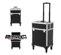 ACROSSPART Mallette de maquillage à roulettes, 3 en 1, multifonctionnelle, avec plateau pliable et roues, grande valise de maquillage, pour les voyages, les coiffeurs, les maquilleurs, Noir , 24*34