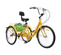 ACROSSPART Tricycle 24 pouces pour adultes, 7 vitesses, avec panier à provisions et dossier, vélo pliable à 3 roues en acier au carbone, jusqu'à 120 kg (jaune)