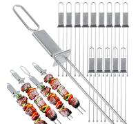 Acrux7 Lot de 15 brochettes en métal pour griller, brochettes plates à double broche en acier inoxydable avec barre de poussée, brochettes réutilisables pour griller, viande, légumes, camping ou
