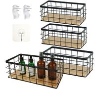 Acrux7 Lot de 4 petits paniers de rangement rectangulaires en fil métallique noir avec base en bois amovible pour cuisine, salle de bain, garde-manger, armoires, comptoir (noir)
