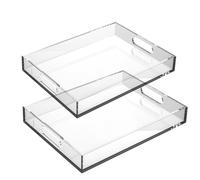 Acrylic Display Decor - 2 Pcs Leakproof Trays, Handle Organizer | Rectangle Portable Food Snack Tray for Coffee Table Party Bathroom Cafeteria Kitchen Dessert
