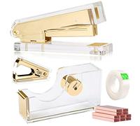 Acrylic Gold Tape Dispenser Gold Desktop Stapler, Acrylic Office Supplies Includes Staple Remover, Tape, 1000pcs Staples Desk Accessory Kit, Cute Office Stapler Set for Modern Design Office Desktop