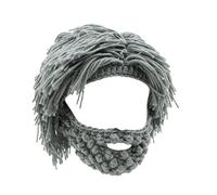 Acrylic Punk Style Beanie with Attached Straight Hair Wig and Knitted Beard, Creative Funny Wig Beard Hat (Light gray)