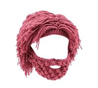 Acrylic Punk Style Beanie with Attached Straight Hair Wig and Knitted Beard, Creative Funny Wig Beard Hat (Pink)