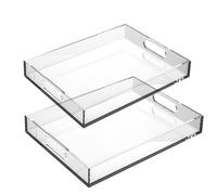Acrylic Trays for Display | 2-Piece Leakproof Serving Tray with Handles | Non-Slip Decorative Tray | for Coffee Table Party Bathroom Vanity Cafeteria Dining Kitchen Dessert Home Decor Organizer