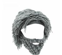 Acrylique Punk Style Beanie avec perruque de cheveux droites et barbe tricotée, créatif tricot barbe chapeau marrant tricot capuchon perruque bonnet chapeaux (Grey)