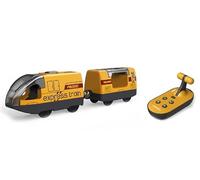 Acsatont Jouet train électrique, compatible avec Thomas, Brio, chemin de fer Locomotive électrique Trains en bois (connexion magnétique), train motorisé avec 4 effets sonores et lumineux (Jaune)