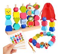 Acsatont Montessori - Jouet en bois - Jeu d'empilage - Motricité fine à partir de 2, 3, 4, 5 ans - Blocs de construction - Jouet de motricité en bois avec jeu à emboîter - Jeu de fil avec pierres