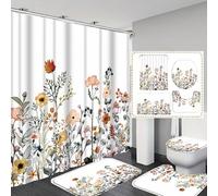 acsewater Ensemble 4 pièces pour Salle de Bain, Rideau de Douche 180 x 180 cm, Tapis de Bain antidérapant, Couvre-siège de Toilettes, Tapis en Forme de U, décor Moderne imperméable