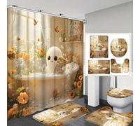 acsewater Ensemble 4 pièces pour Salle de Bain, Rideau de Douche 180 x 180 cm, Tapis de Bain antidérapant, Couvre-siège de Toilettes, Tapis en Forme de U, décor Moderne imperméable