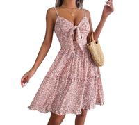 acsewater Mini-Robe bohème à Bretelles Spaghetti Volants évasés Coupe trapèze Fluide col en V Robe Courte avec nœud sur Le Devant en Forme d'oreilles de Lapin