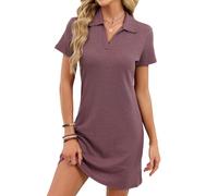 acsewater Robe Courte Femme col Polo Maille gaufrée t-Shirt Manches Courtes Unie décontractée Quotidien Week-End été Style Urbain