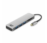 ACT Hub USB C 3.1 Gen1 (USB 3.0) et Lecteur de Carte, Ports : 3 x USB A, 1 x Type C PD, Longueur du câble : 0,15 m.