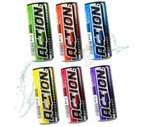 ACTION Energy Drink Lot de 6 boissons énergisantes (48 x 250 ml) avec consigne - 6 variétés de 8 doses chacune - Regular, Cherry, Sugarfree, Green Apple, Purple, Cola - Pour un coup de fouet